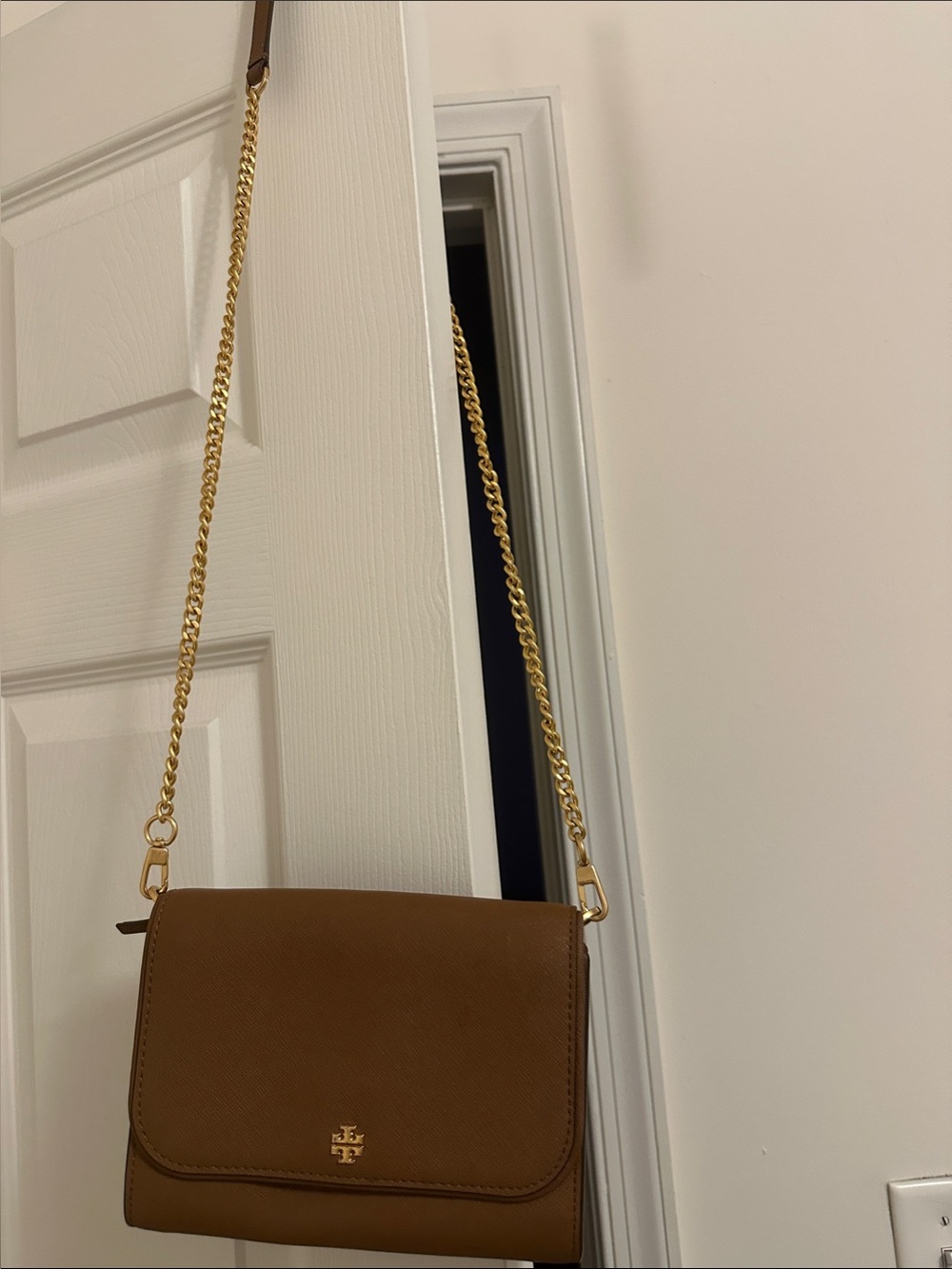 Tory Burch Cognac Leather Crossbody with Gold Chain
